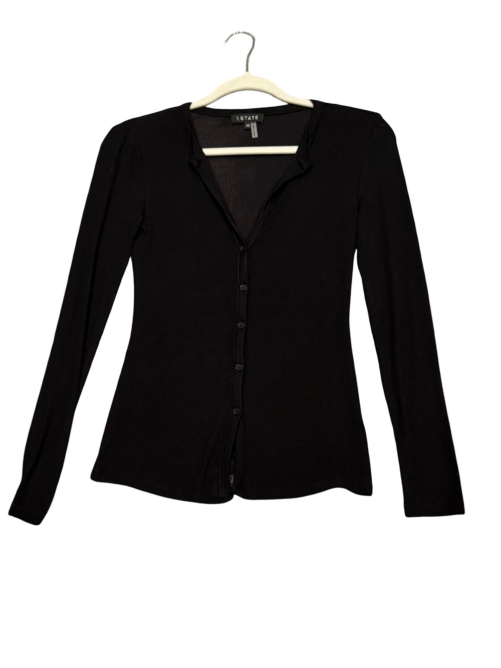 1. State Black Ribbed Long-Sleeve Button-Down Top